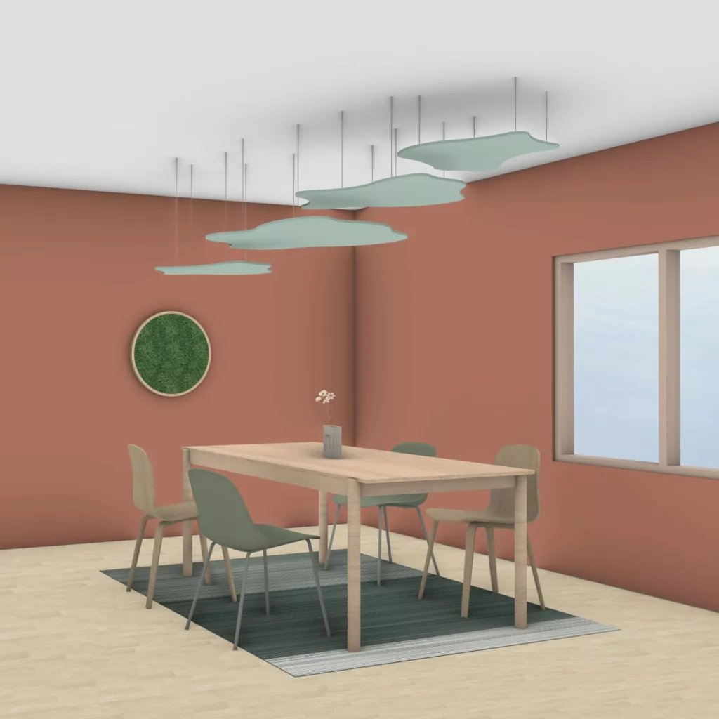 Lyddemping med baffles i himling over spisebord
