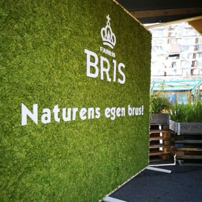 Lekker logo skillevegg i mose til Farris Bris
