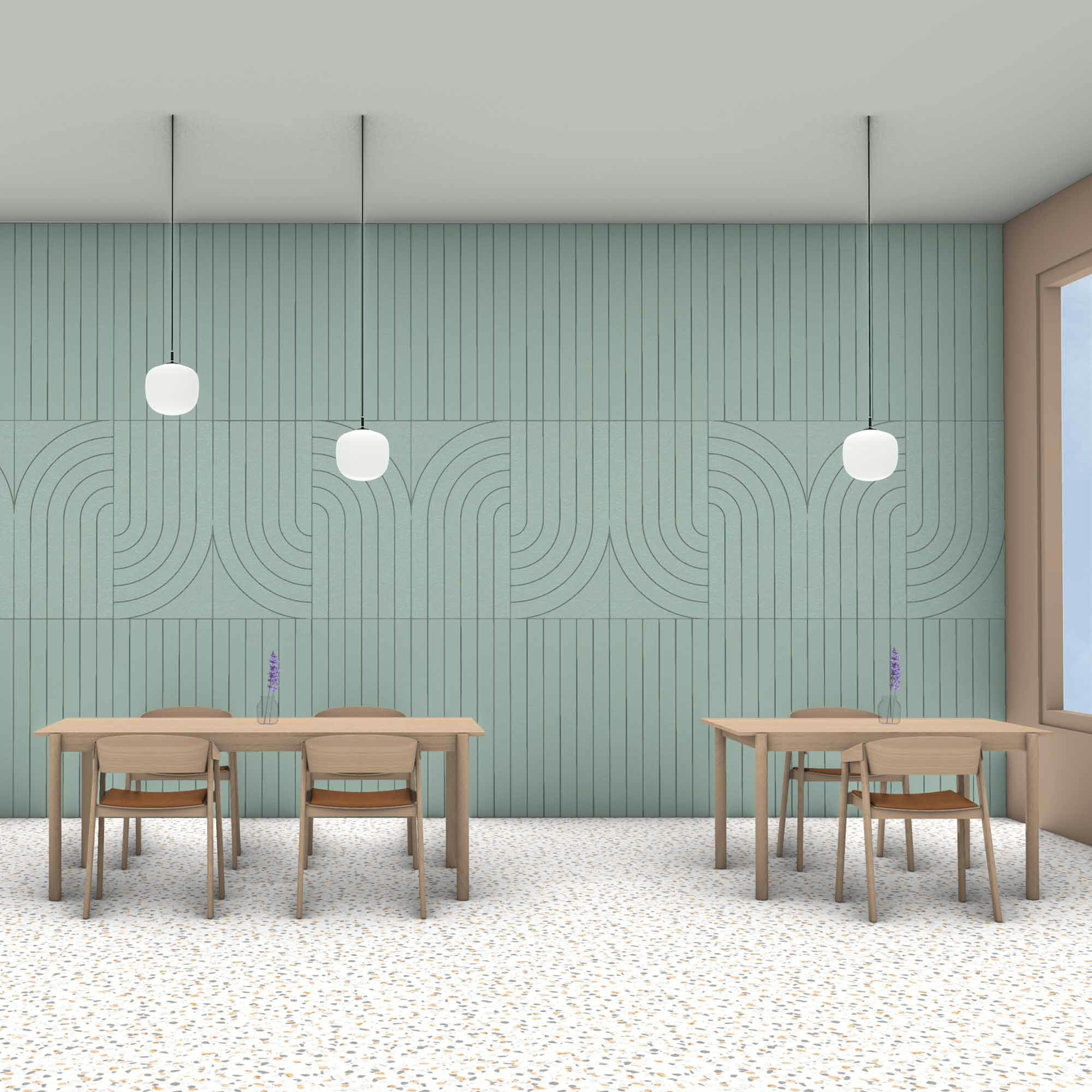 Lyddemping med resirkulert tekstil på restaurant